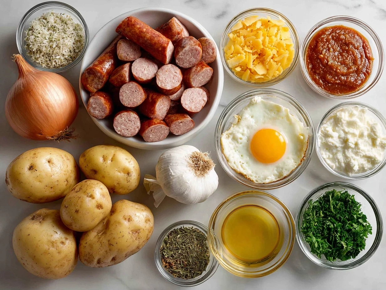 Raw ingredients needed to make Kielbasa Potato Soup including kielbasa sausage, Yukon gold potatoes, onion, carrots, celery, garlic, chicken broth, thyme, smoked paprika, red pepper flakes, heavy cream, olive oil, salt, pepper, and fresh parsley.