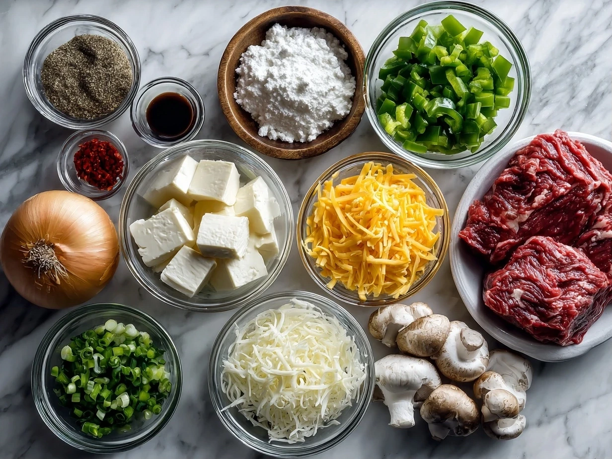 A selection of raw ingredients including steak, onions, bell peppers, garlic, beef broth, herbs, cream cheese, provolone cheese, and parsley, ready to be transformed into a delicious Philly Cheesesteak Soup.