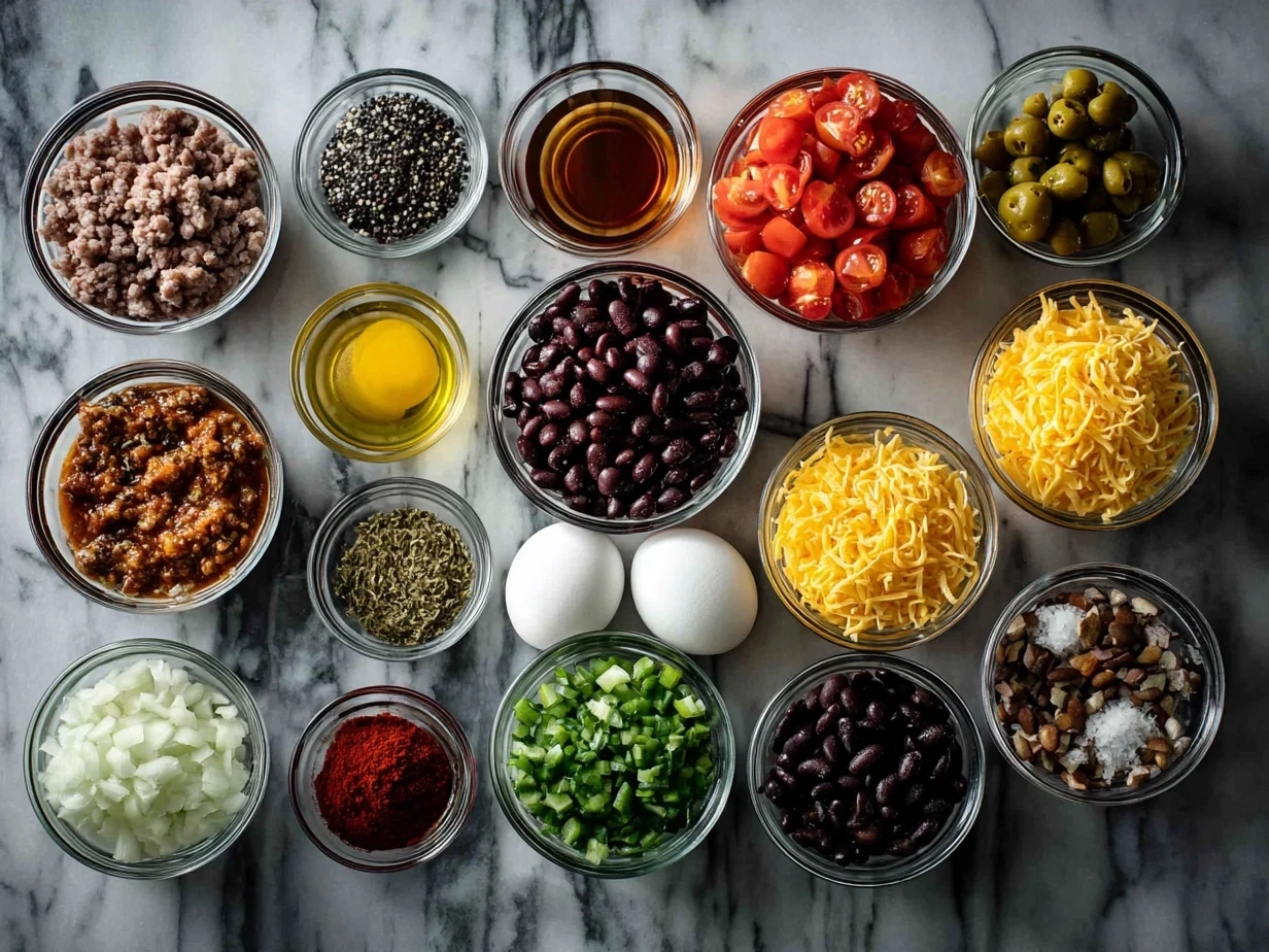 Raw ingredients including ground turkey, diced tomatoes, beans, onions, and spices for making turkey burger chili.