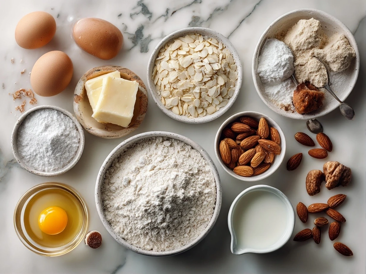 Raw ingredients for White Almond Cake displayed on a wooden surface