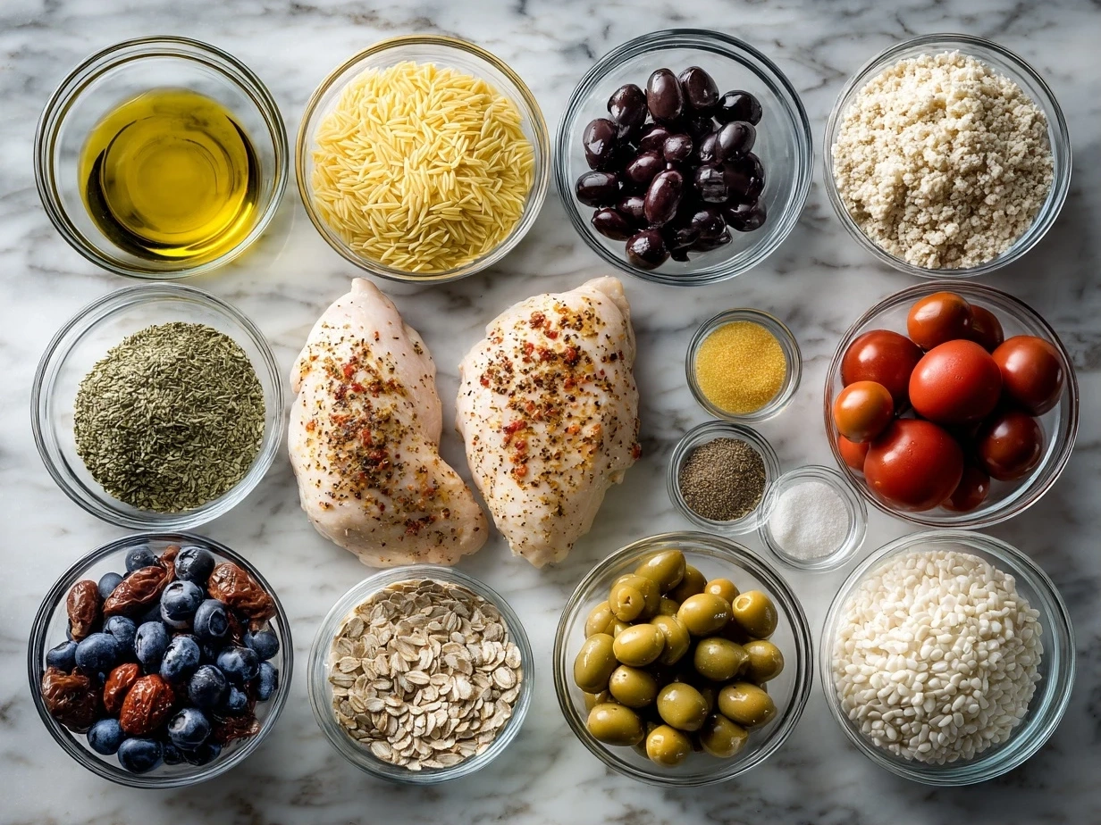 Raw Mediterranean Chicken and Orzo Ingredients