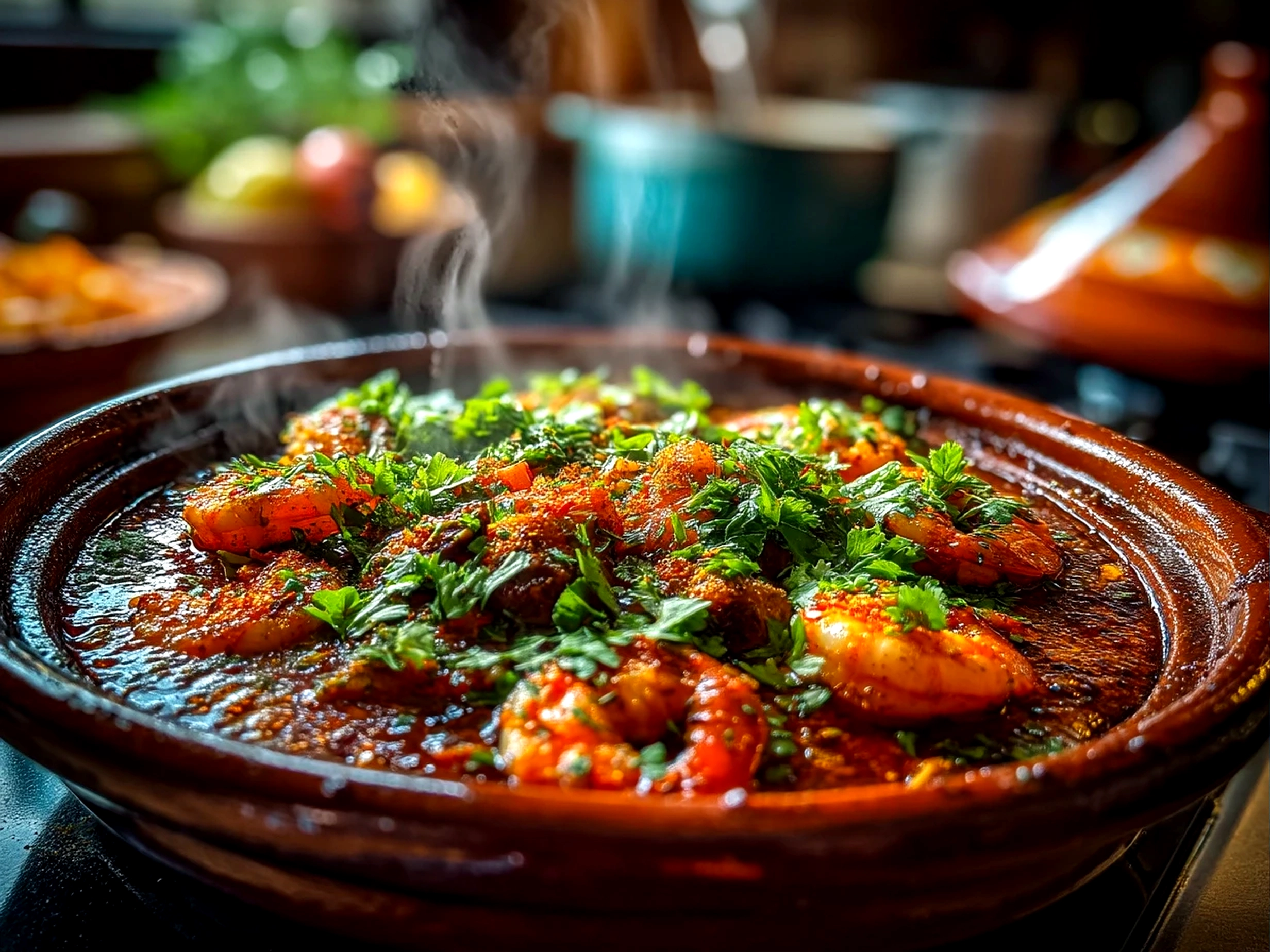 Ready to eat Spicy Moroccan Shrimp Tagine garnished with fresh cilantro in a bowl