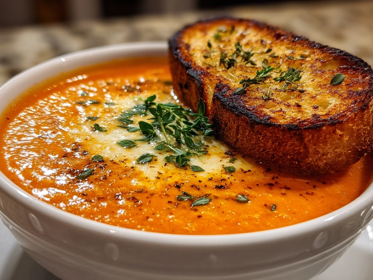 A warm bowl of creamy Roasted Red Pepper Gouda Soup ready to serve