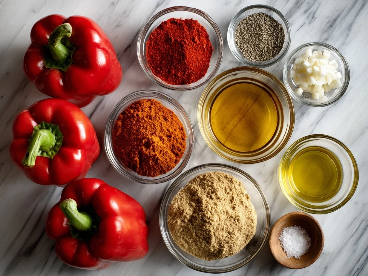 Fresh ingredients for Roasted Red Pepper Gouda Soup including roasted red bell peppers, onions, garlic, and smoked Gouda cheese