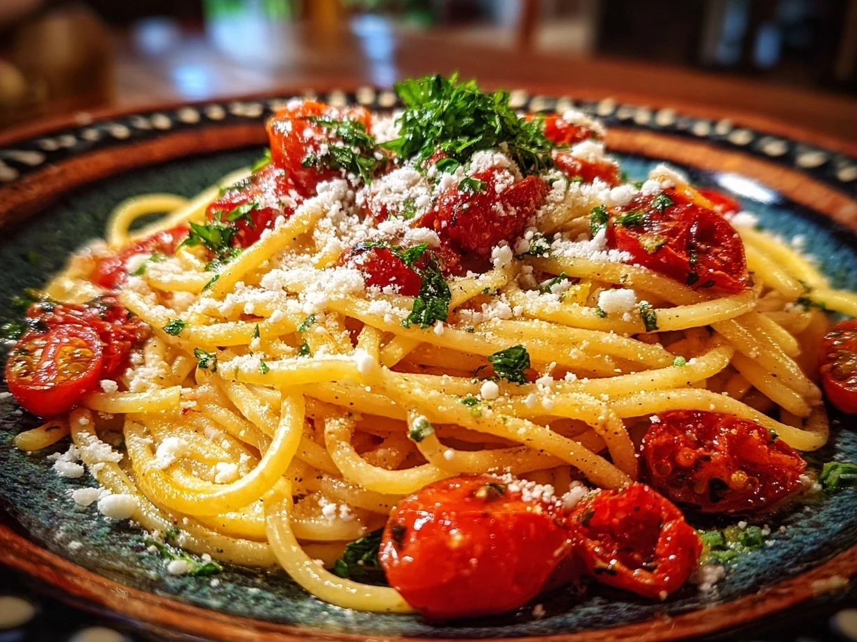 Final serving of Roasted Tomato Ricotta Pasta garnished with fresh basil and grated Parmesan