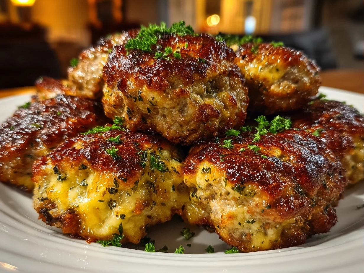 A platter of freshly baked Rotel cream cheese sausage balls golden brown and ready to serve