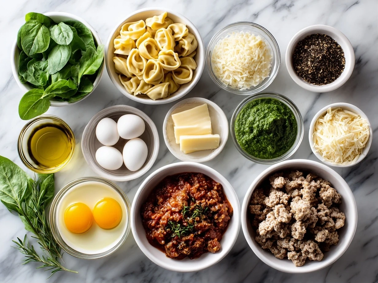 Ingredients for Sausage and Tortellini Soup including Italian sausage, onion, garlic, crushed tomatoes, chicken broth, cheese tortellini, oregano, red pepper flakes, heavy cream, basil, and Parmesan cheese