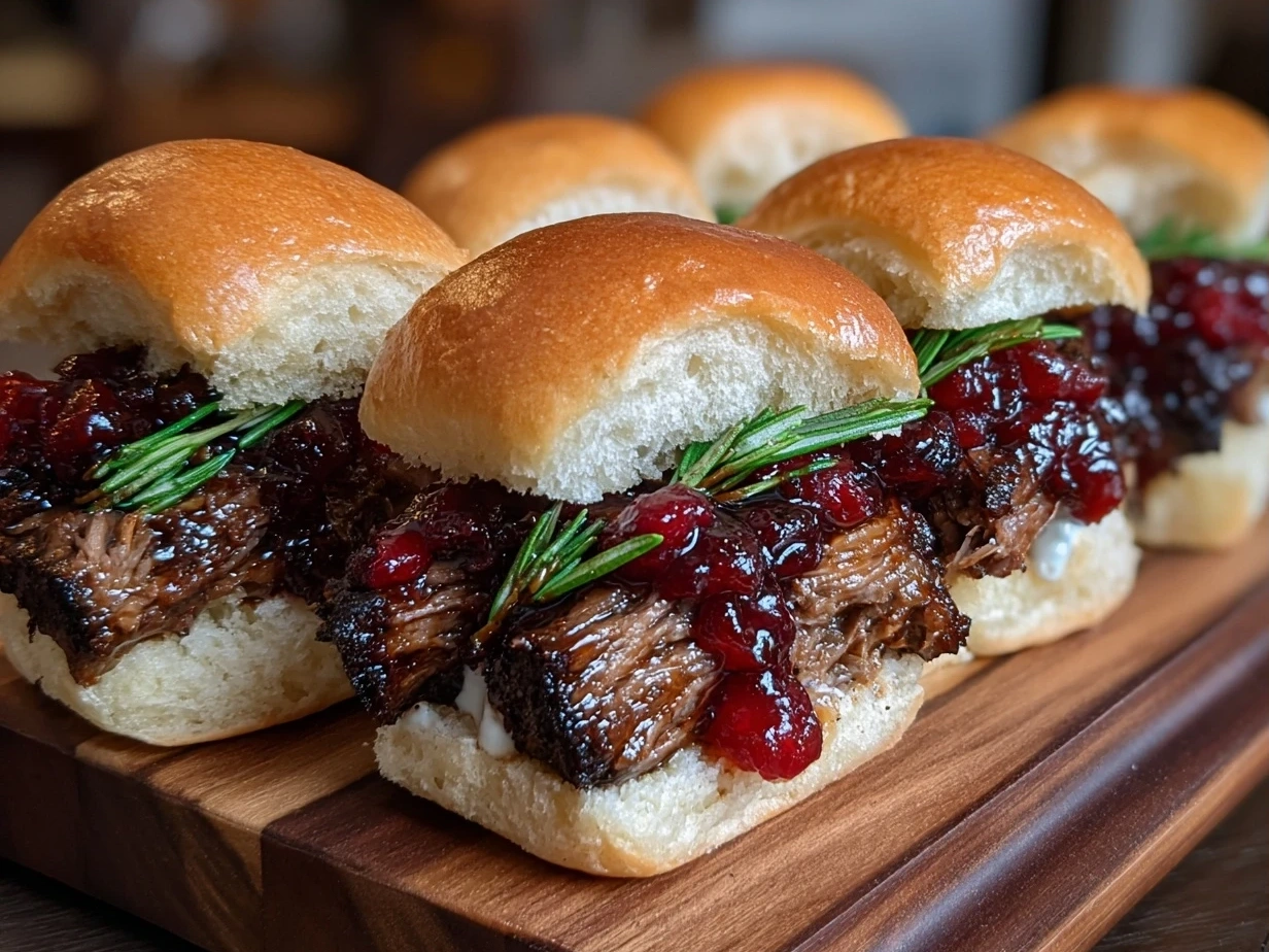 Finished Short Rib Sliders with Balsamic Cranberry Sauce on a serving platter