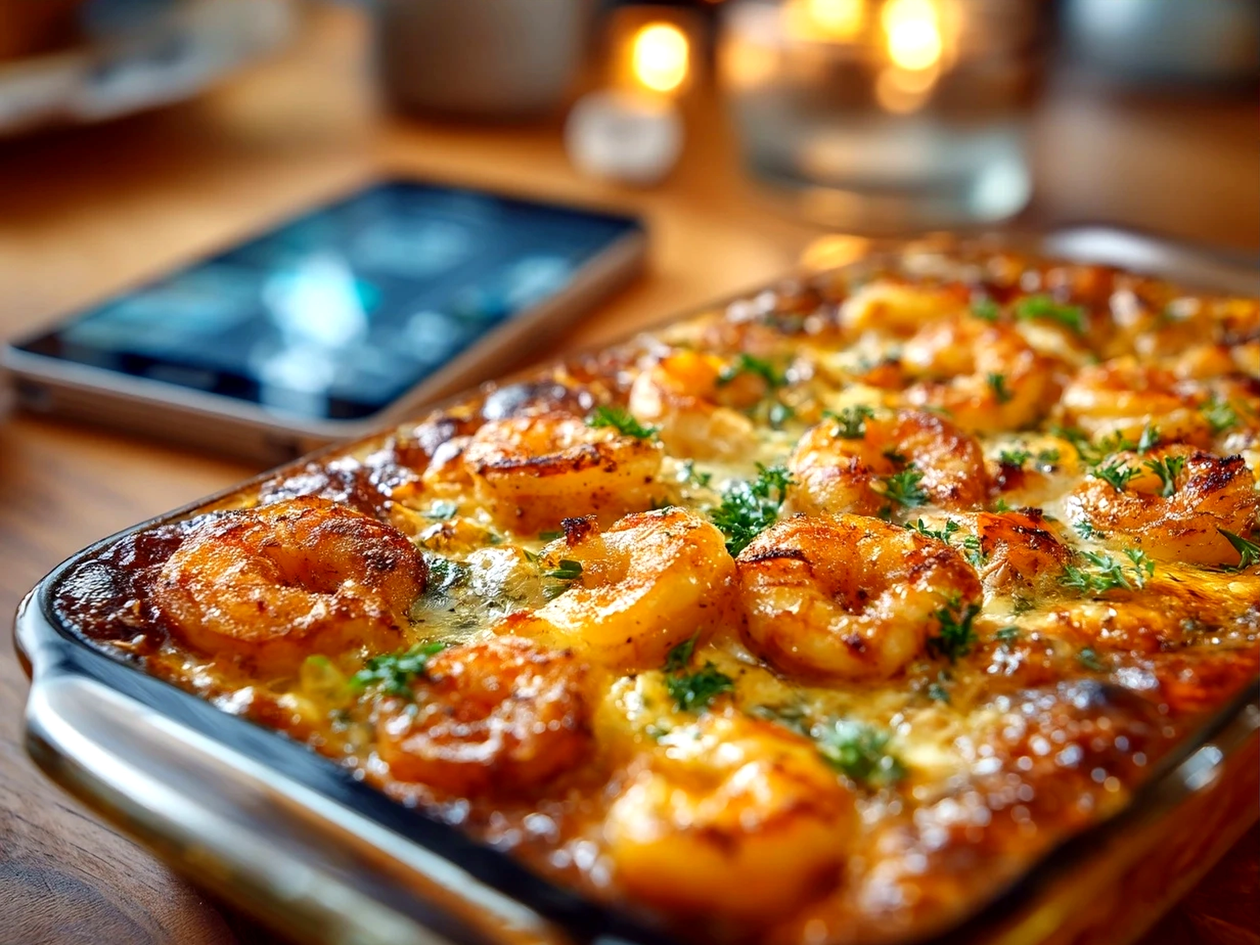 Delicious serving of shrimp casserole garnished with fresh parsley