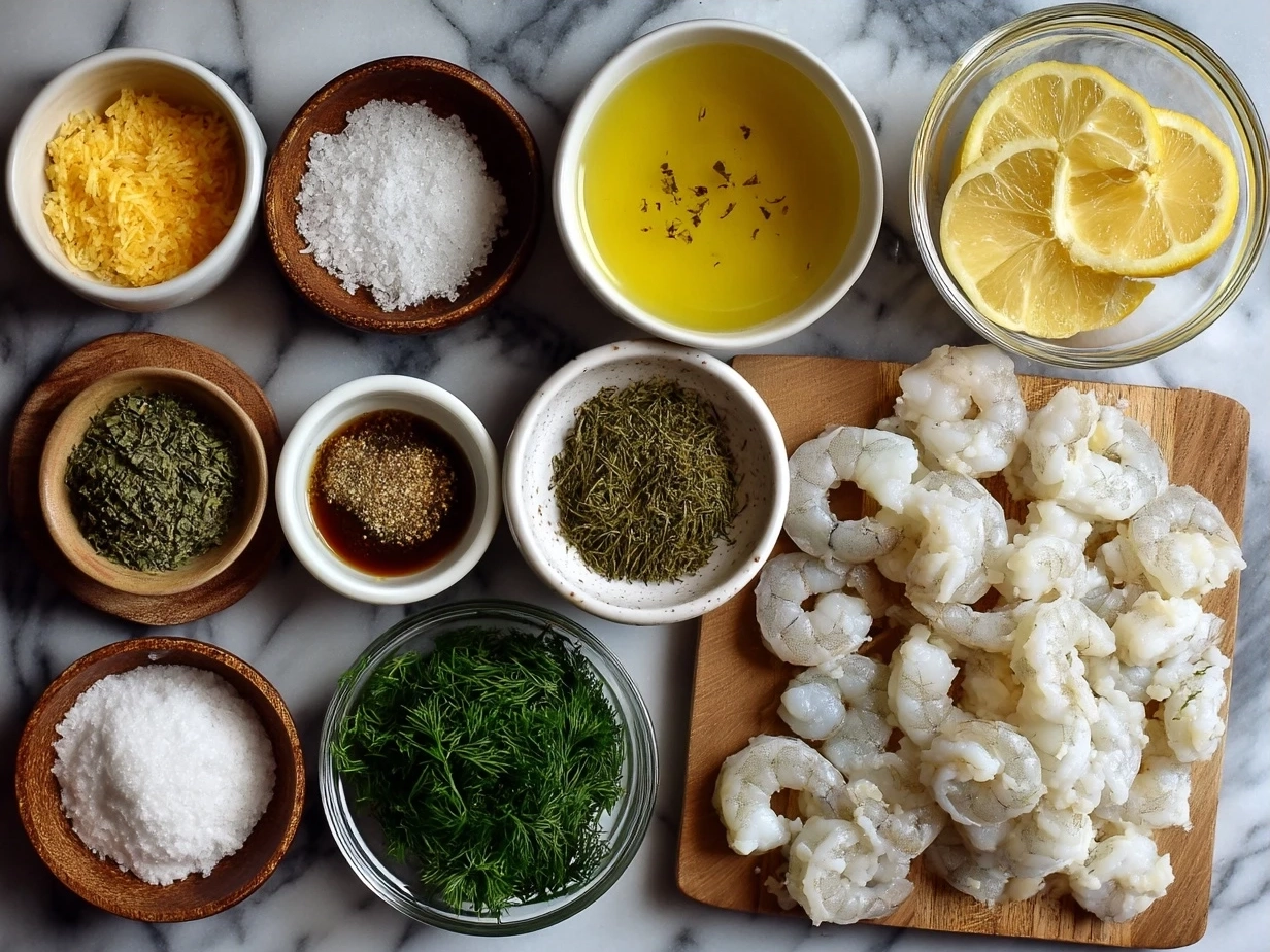 Fresh ingredients for shrimp casserole including shrimp, cheese, onions, garlic, and spices