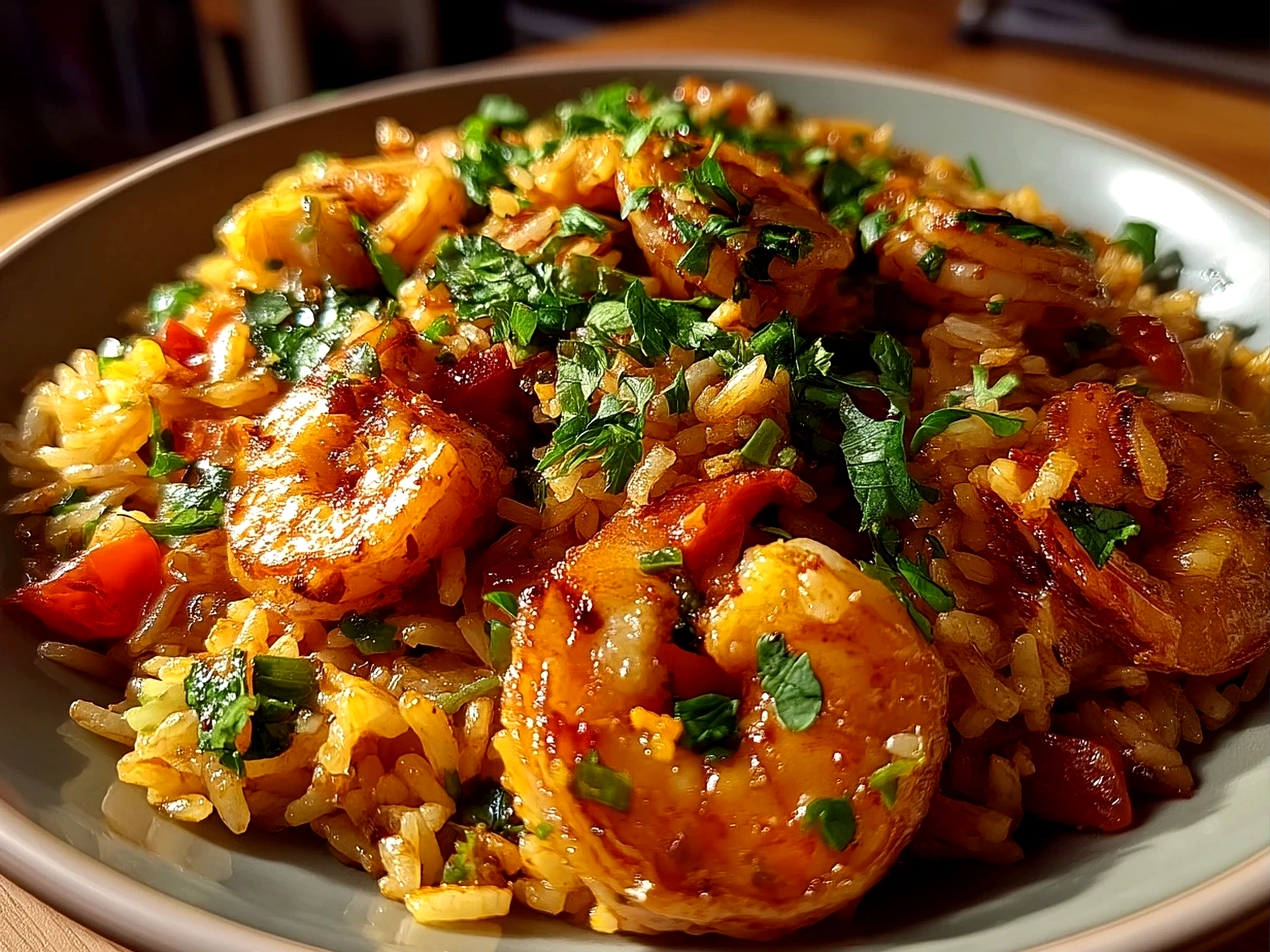 Plated Shrimp Dirty Rice served with fresh parsley garnish