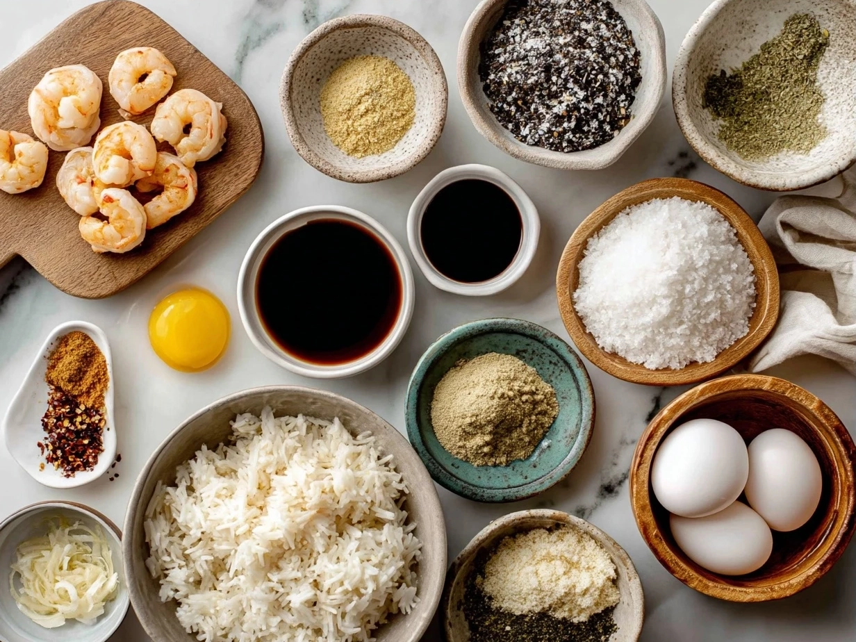 Ingredients laid out for Shrimp Dirty Rice including shrimp, rice, vegetables, and spices