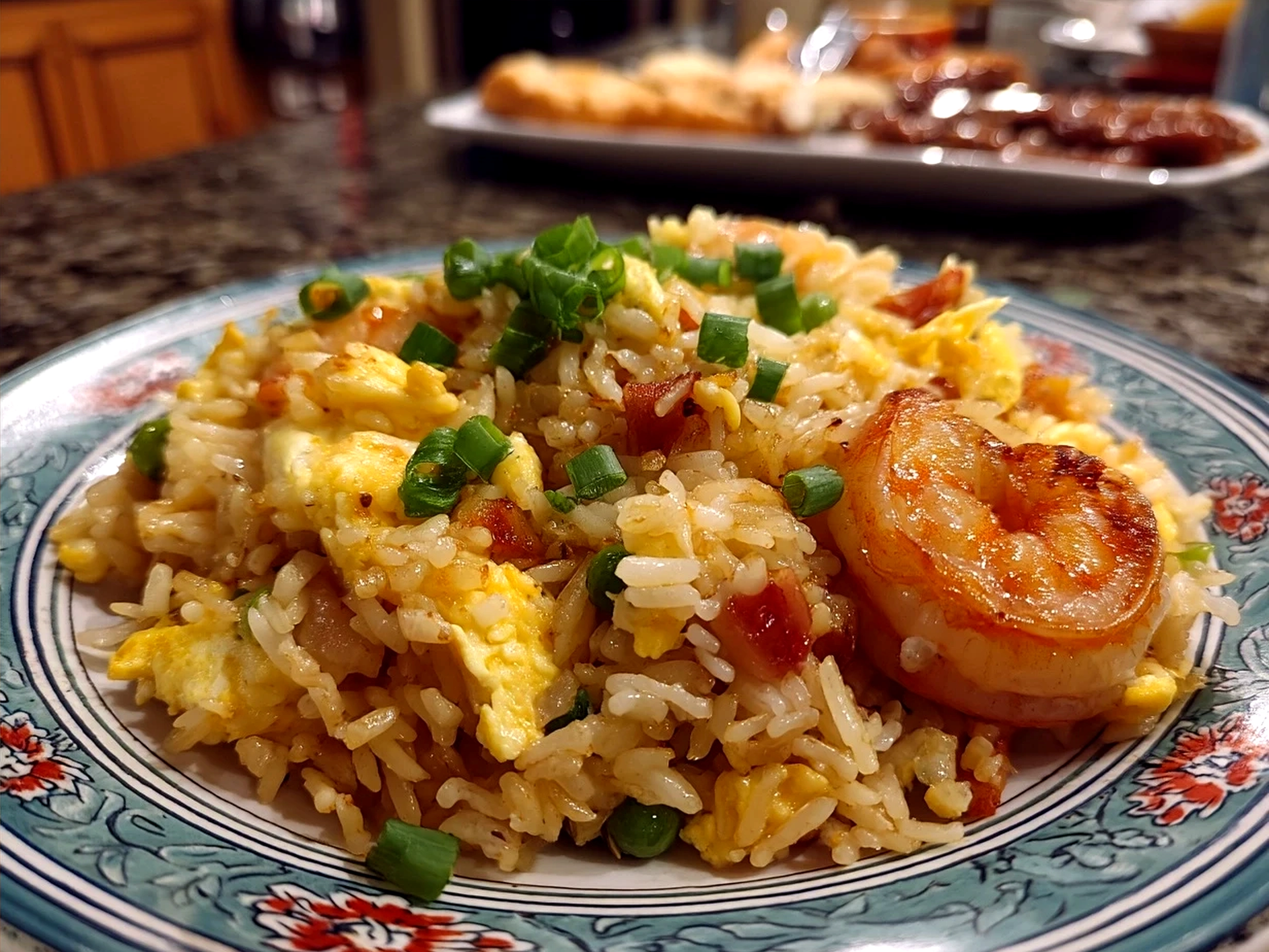 Plated shrimp fried rice garnished with fresh scallions