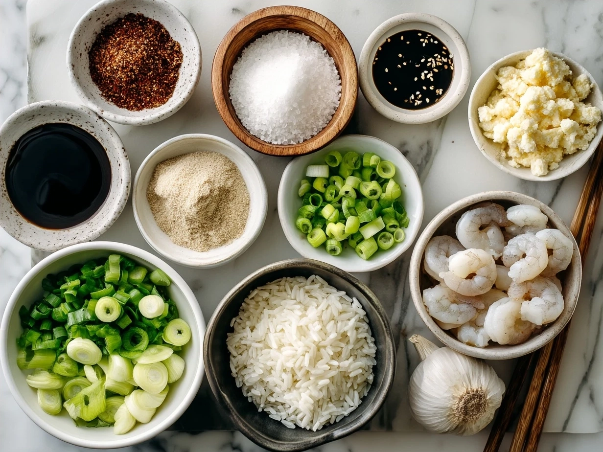 Ingredients for shrimp fried rice laid out on a wooden surface