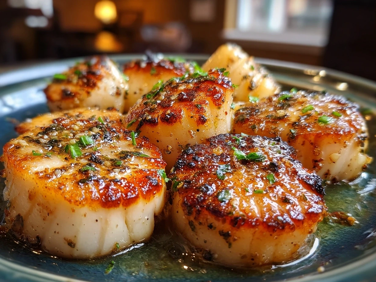 Slight angle close up of finished crispy golden Air Fryer Sea Scallops
