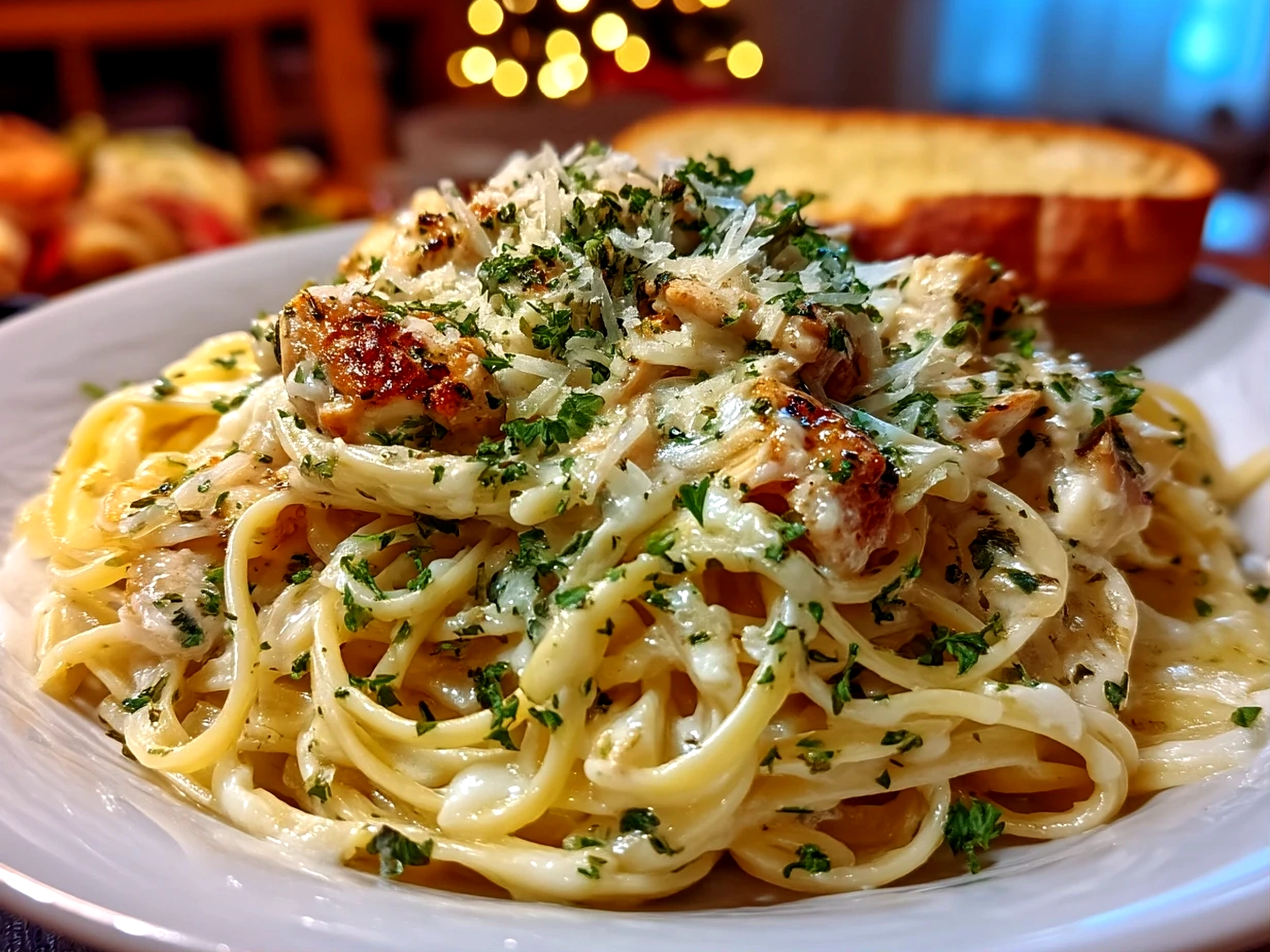 Slight angle close-up of finished Alfredo sauce served over pasta