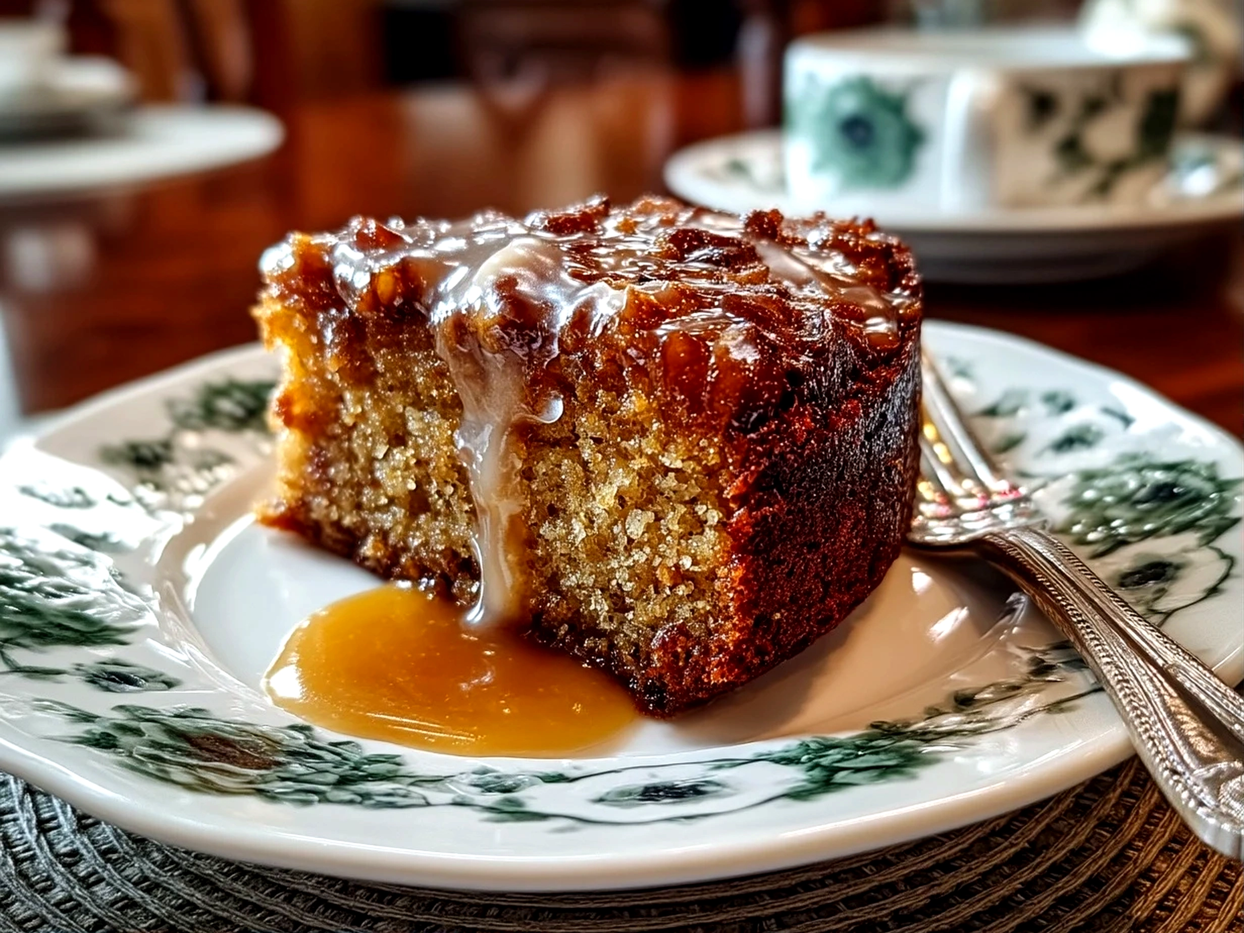Slight angle close-up of a finished applesauce cake