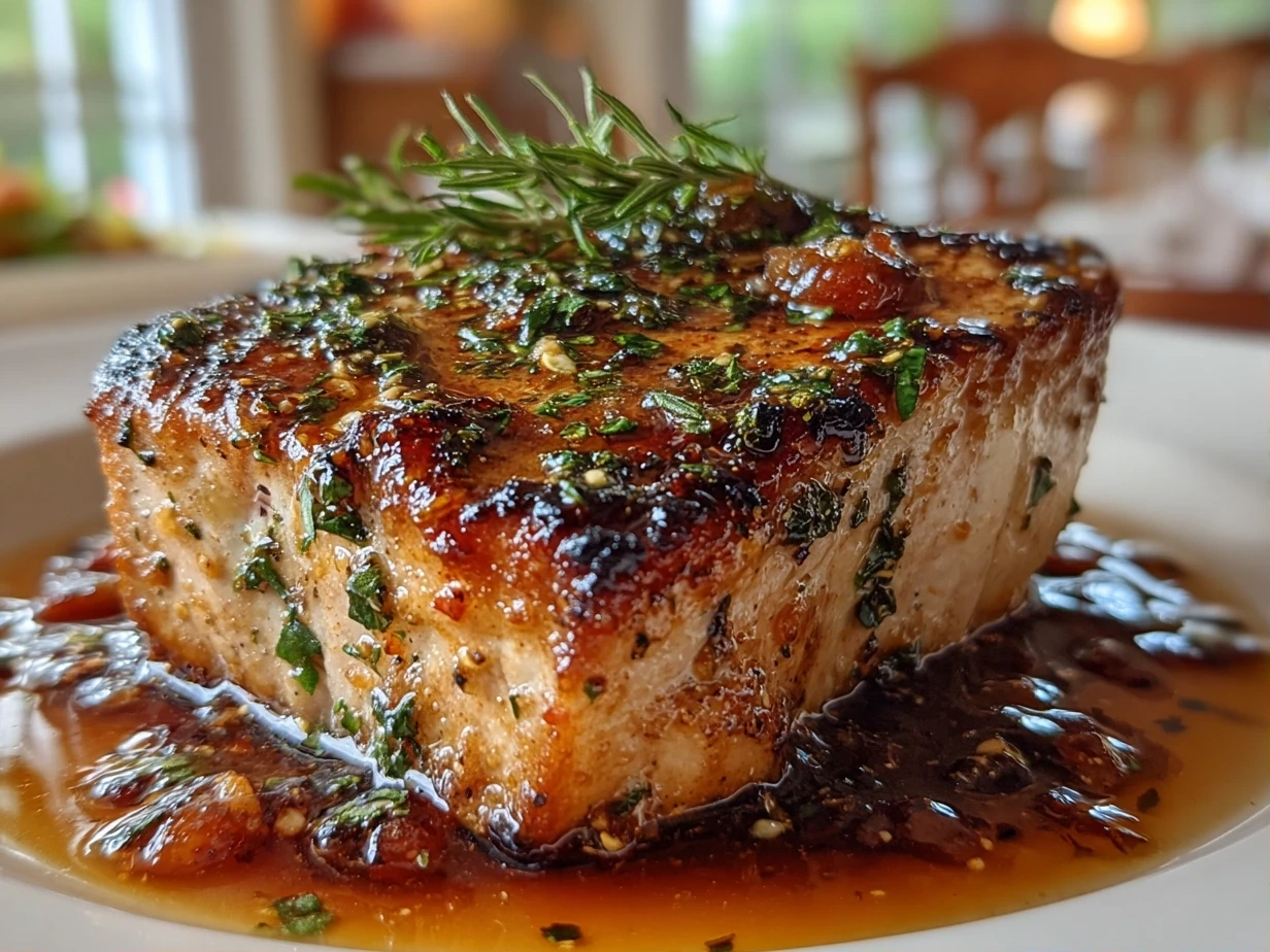 Close-up of finished Baked Swordfish garnished with fresh herbs and lemon zest