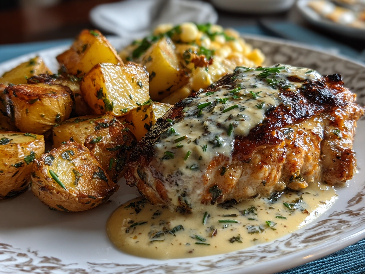 Slight angle close up of finished Chicken and Potatoes Dijon Sauce recipe, garnished with parsley