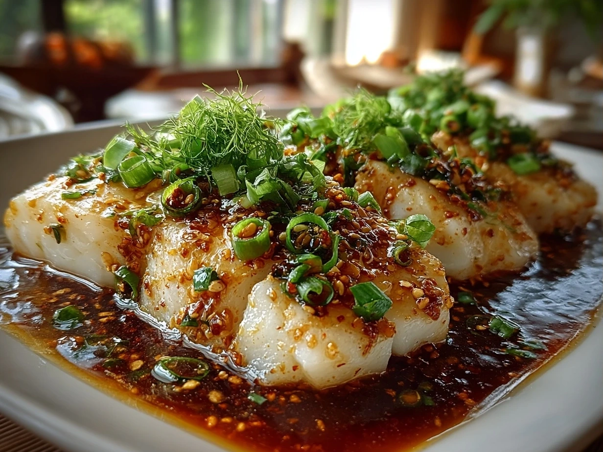 Close-up view of finished Chinese Steamed Cod Fish with Ginger Scallion Sauce showing tender cod fillets garnished with scallions and sesame seeds