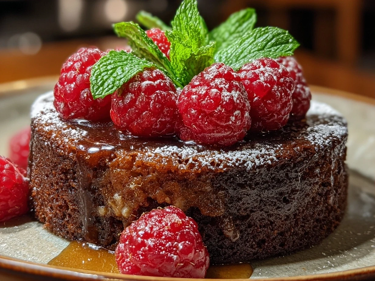 Close-up of finished Chocolate Raspberry Cake with fresh raspberries