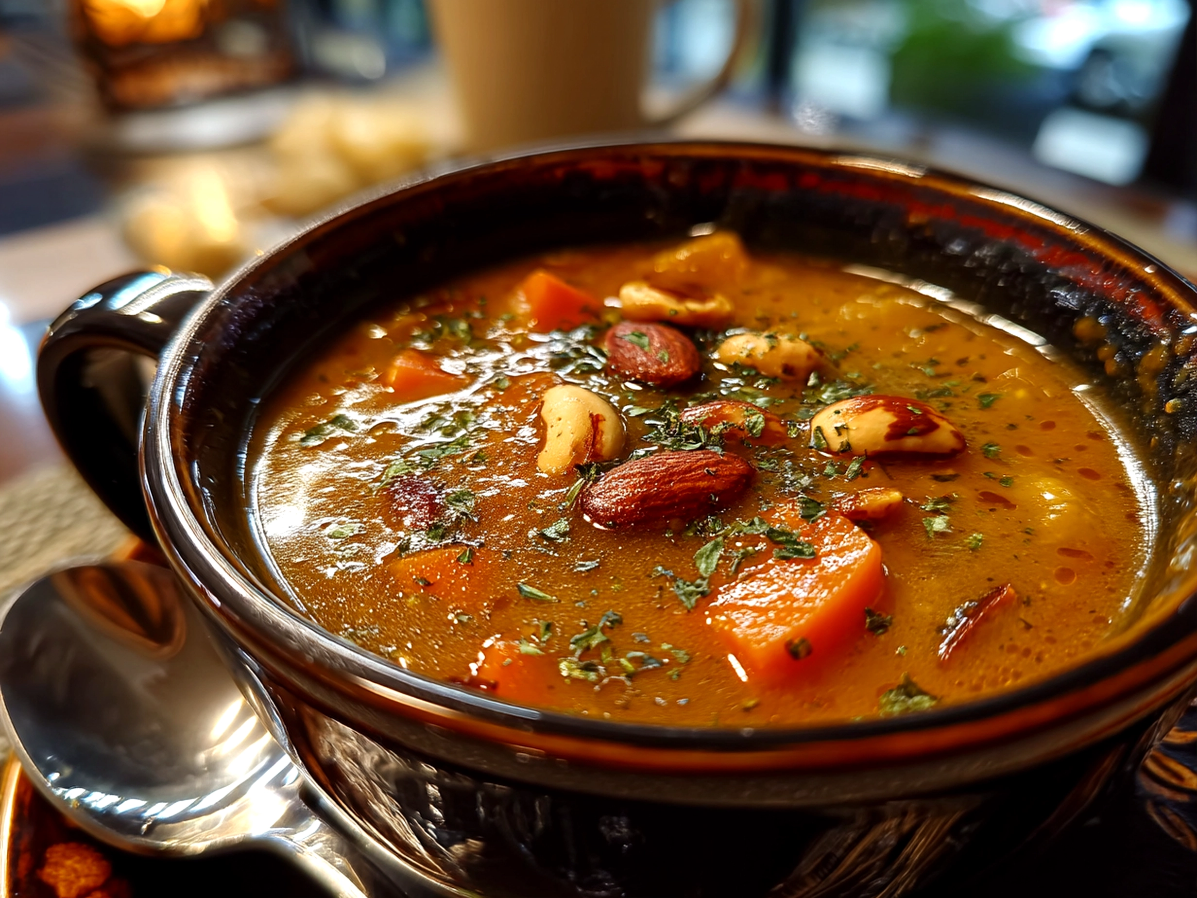 Slight angle close-up of a finished comforting bowl of African Peanut Soup