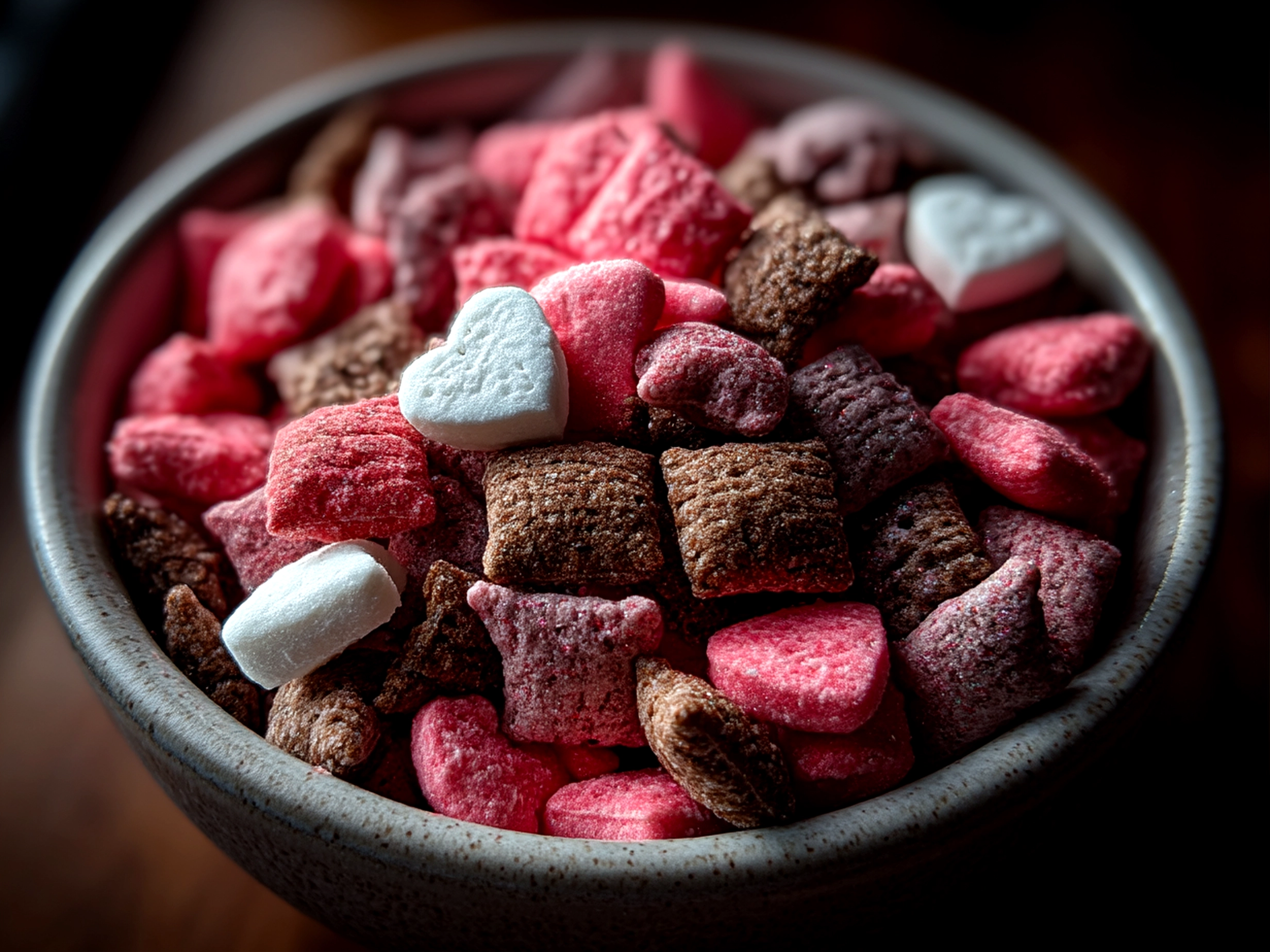 Close up of finished comforting Valentines Day Muddy Buddies in a festive bowl