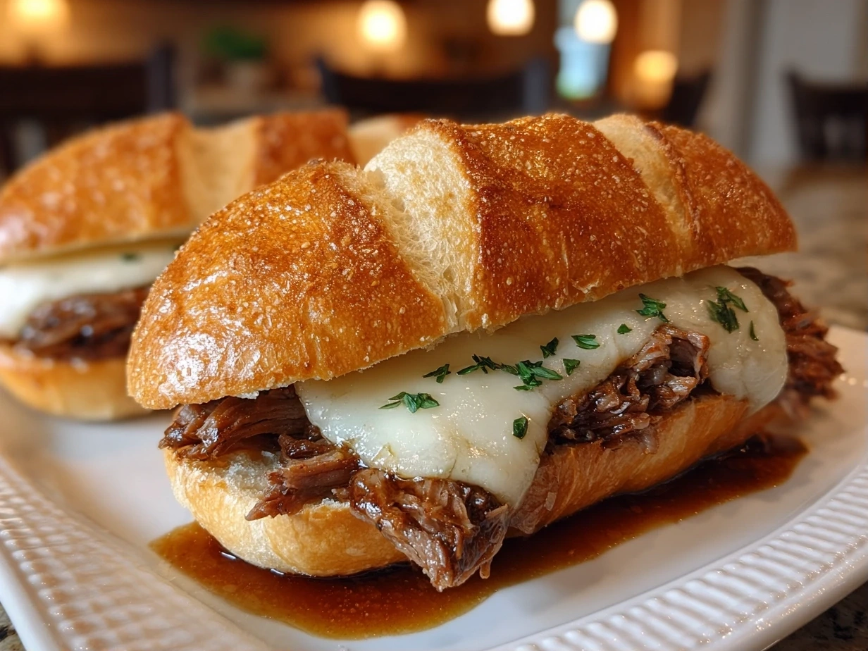 Close-up of finished Crockpot French Dip Sandwiches filled with tender roast beef and melted Swiss cheese
