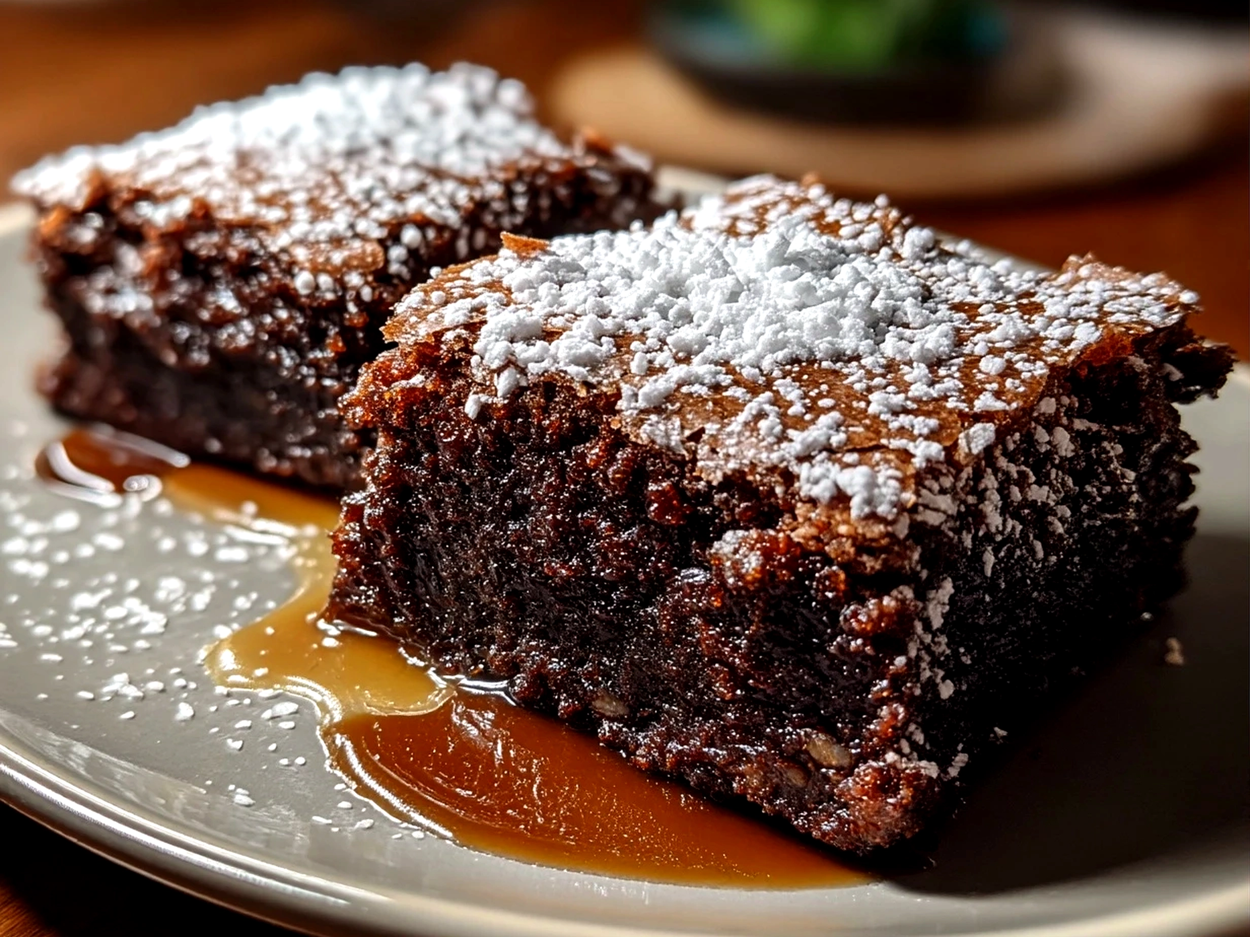Close up of freshly baked Date Brownies with a chewy texture and rich appearance