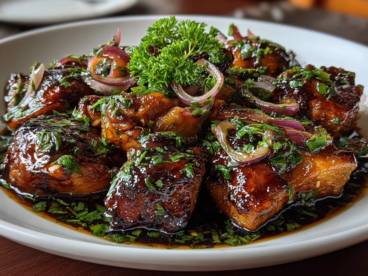 Slight angle close-up of finished Filipino Chicken Adobo