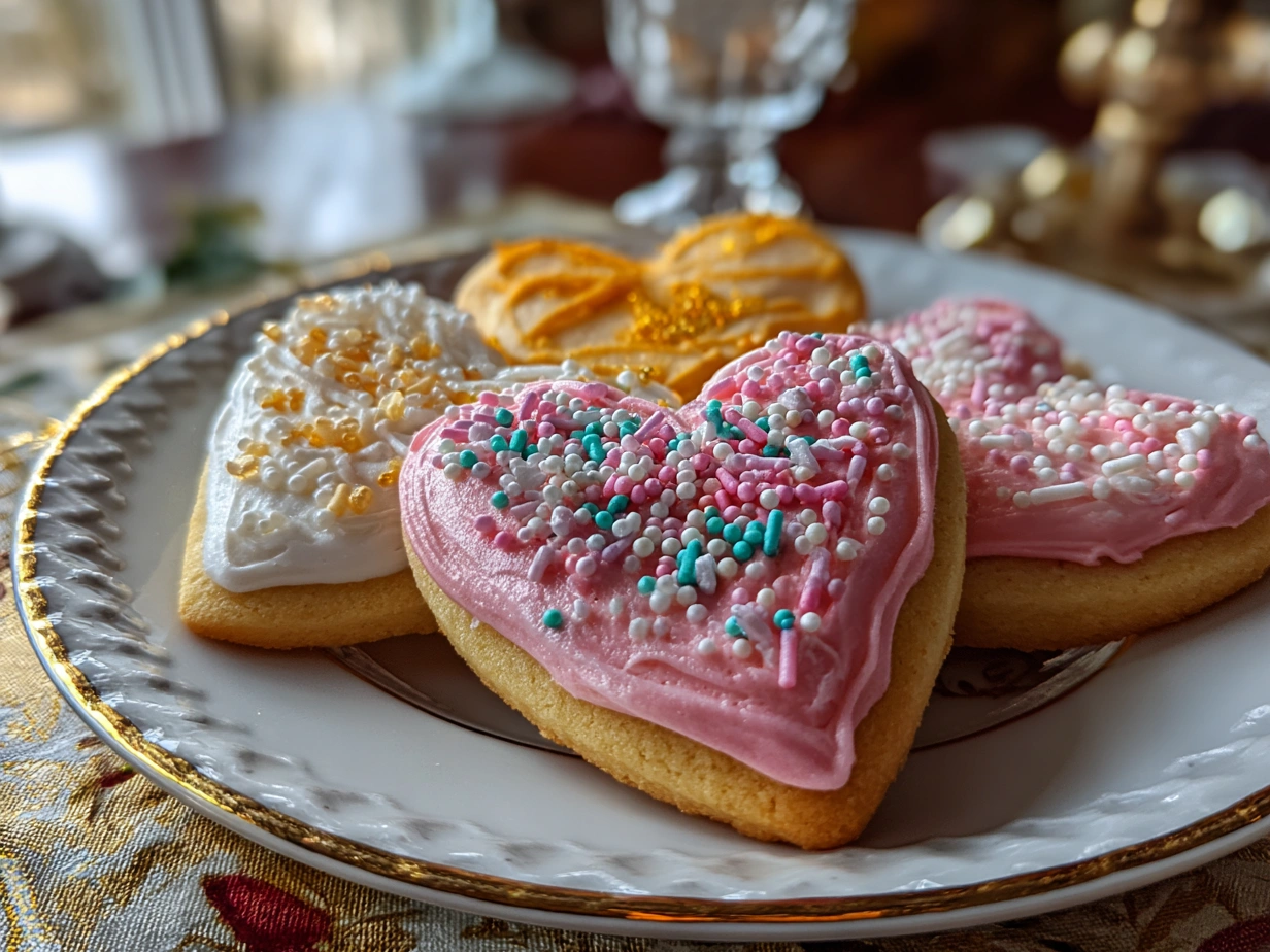 Close-up view of finished Frosted Heart Sugar Cookies with smooth frosting and heart shapes