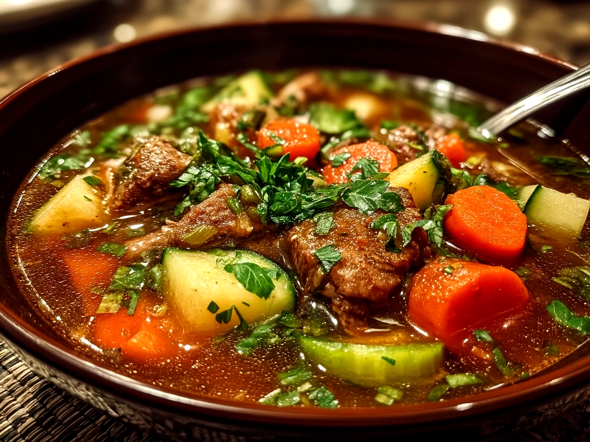 Slight angle close up of finished homemade beef vegetable soup