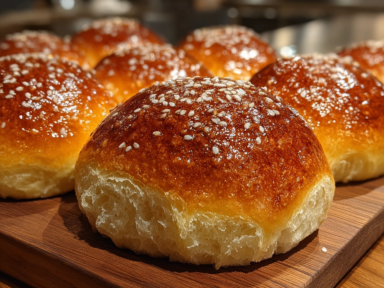 Slight angle close-up of finished Japanese Milk Bread Rolls showing soft golden crust