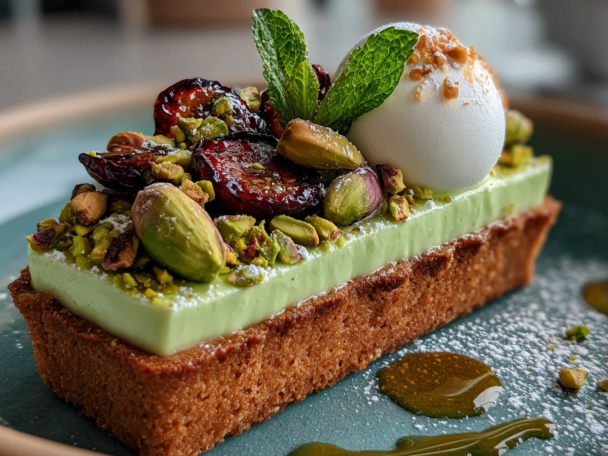 Slight angle close-up of finished Pistachio Lush Dessert showing creamy layers and toasted pistachio garnish