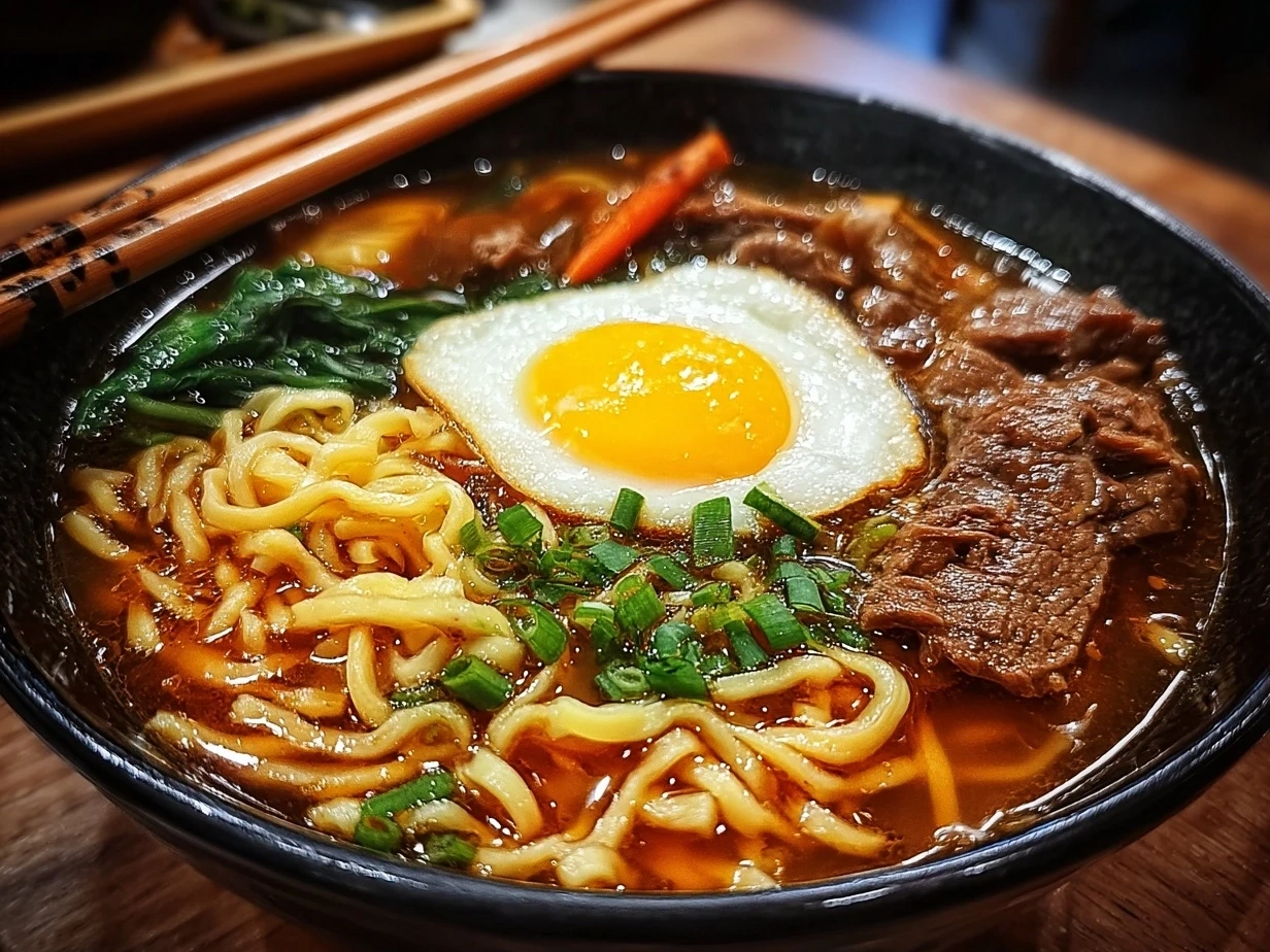 Slight angle close-up of finished ramen noodle soup with soft-boiled egg halves, green onions, and mushrooms
