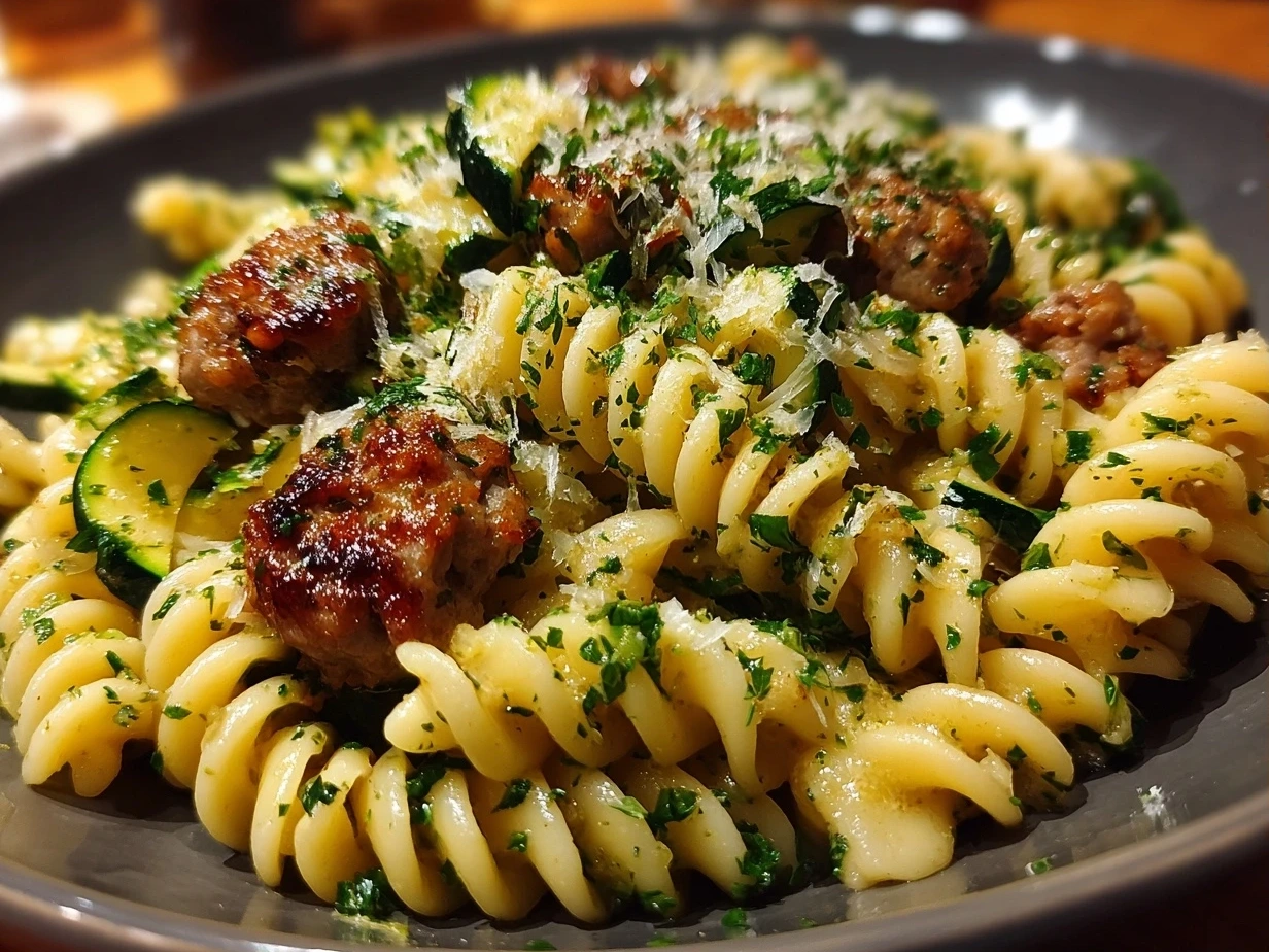Slight angle close-up of finished Sausage and Courgette Pasta in a bowl