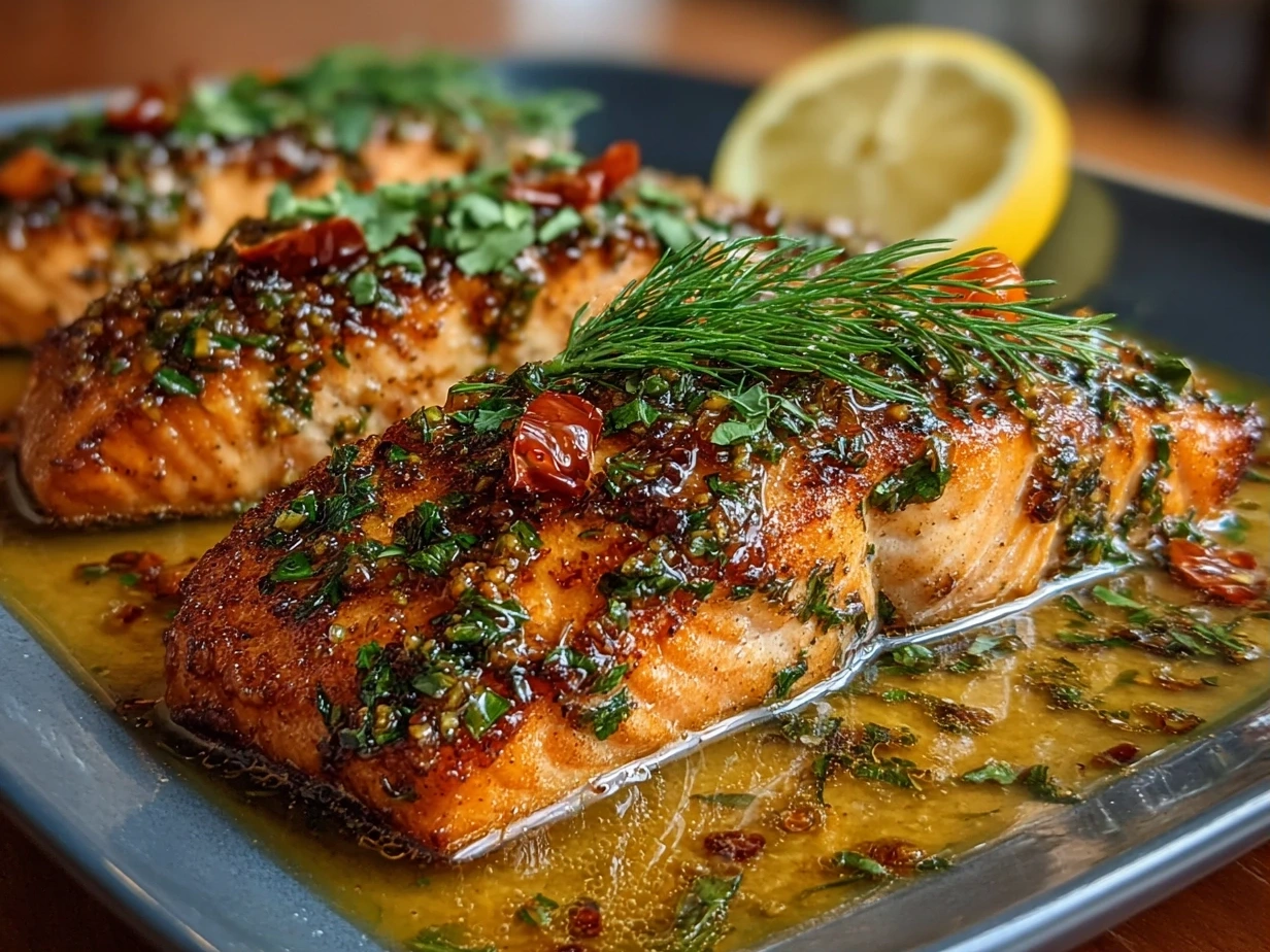 Close-up of finished Tahini Honey Poached Salmon drizzled with tahini sauce and sprinkled with chopped parsley