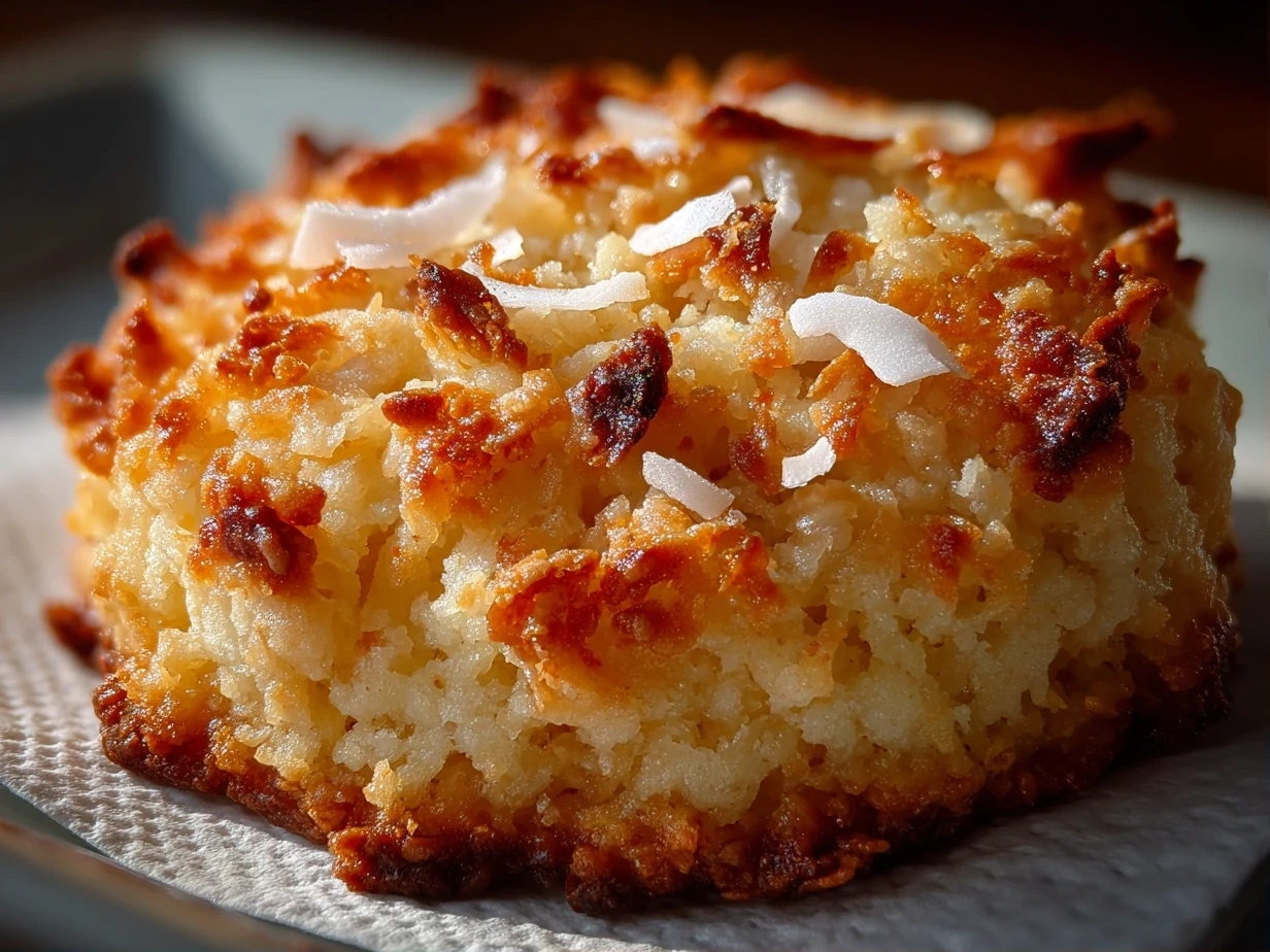 Close-up of finished toasted coconut shortbread cookie showing crumbly texture and toasted coconut