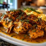 Slow cooker close-up of homemade Crockpot Chicken Gravy on white plate