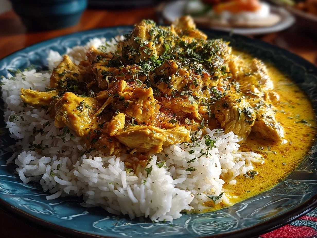 Finished Slow Cooker Chicken Korma recipe served garnished with cilantro and toasted almonds