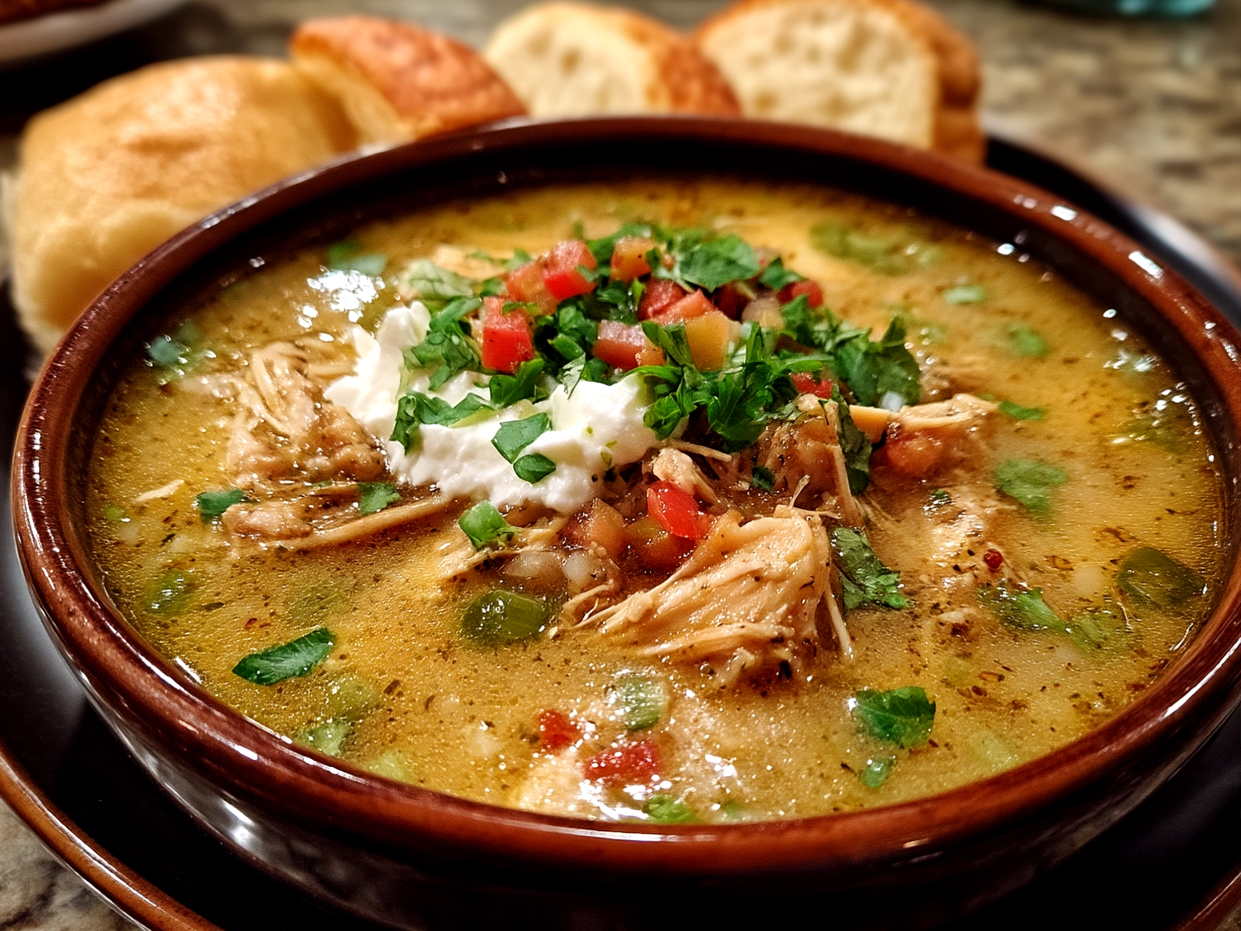Served Slow Cooker Green Enchilada Chicken Soup in a bowl garnished with fresh cilantro and cheese
