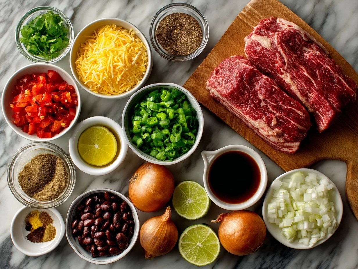 Ingredients for Slow Cooker Mexican Shredded Beef laid out on table