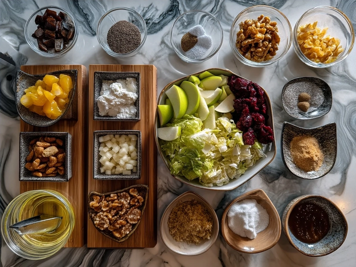 Ingredients for Snicker Apple Salad including apples, Snickers bars, nuts, marshmallows, and creamy dressing