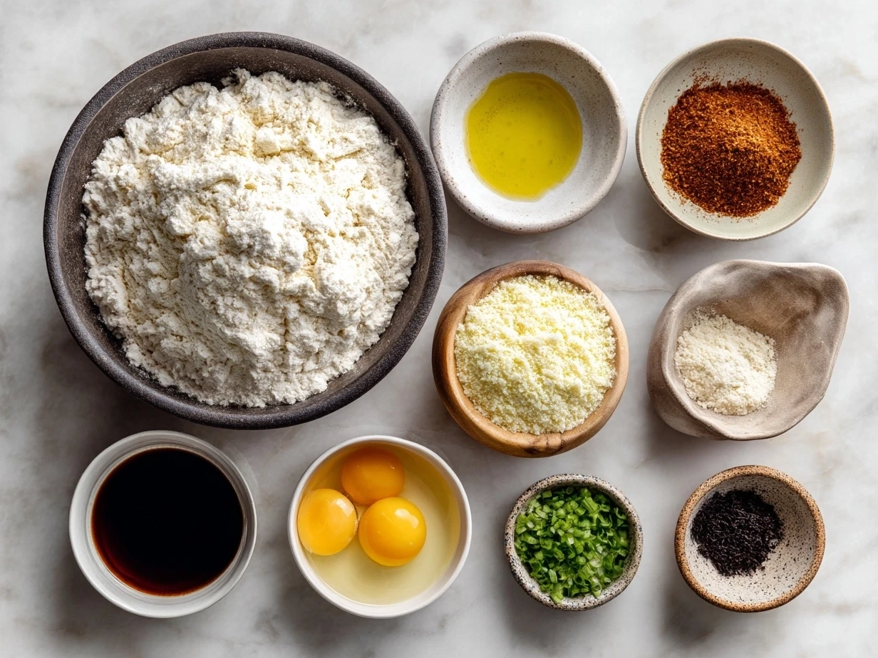 Ingredients for Southern Cornbread including cornmeal, flour, buttermilk, eggs, butter, and baking powder