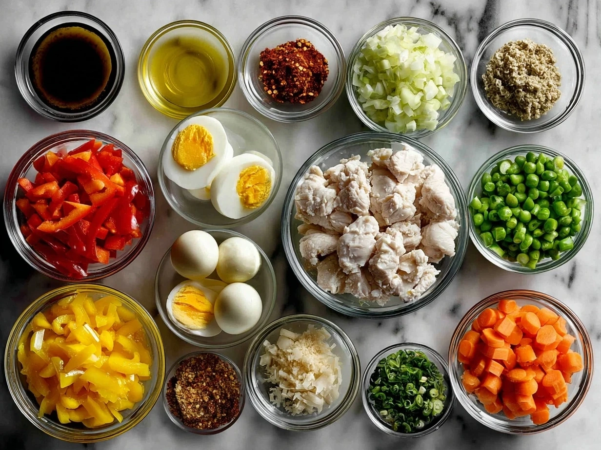 Ingredients for Southwest Chicken Soup including olive oil, onion, garlic, bell pepper, jalapeno, chili powder, cumin, smoked paprika, cayenne pepper, chicken broth, cooked chicken, black beans, corn, diced tomatoes and green chiles, heavy cream, salt, pepper, and optional toppings.