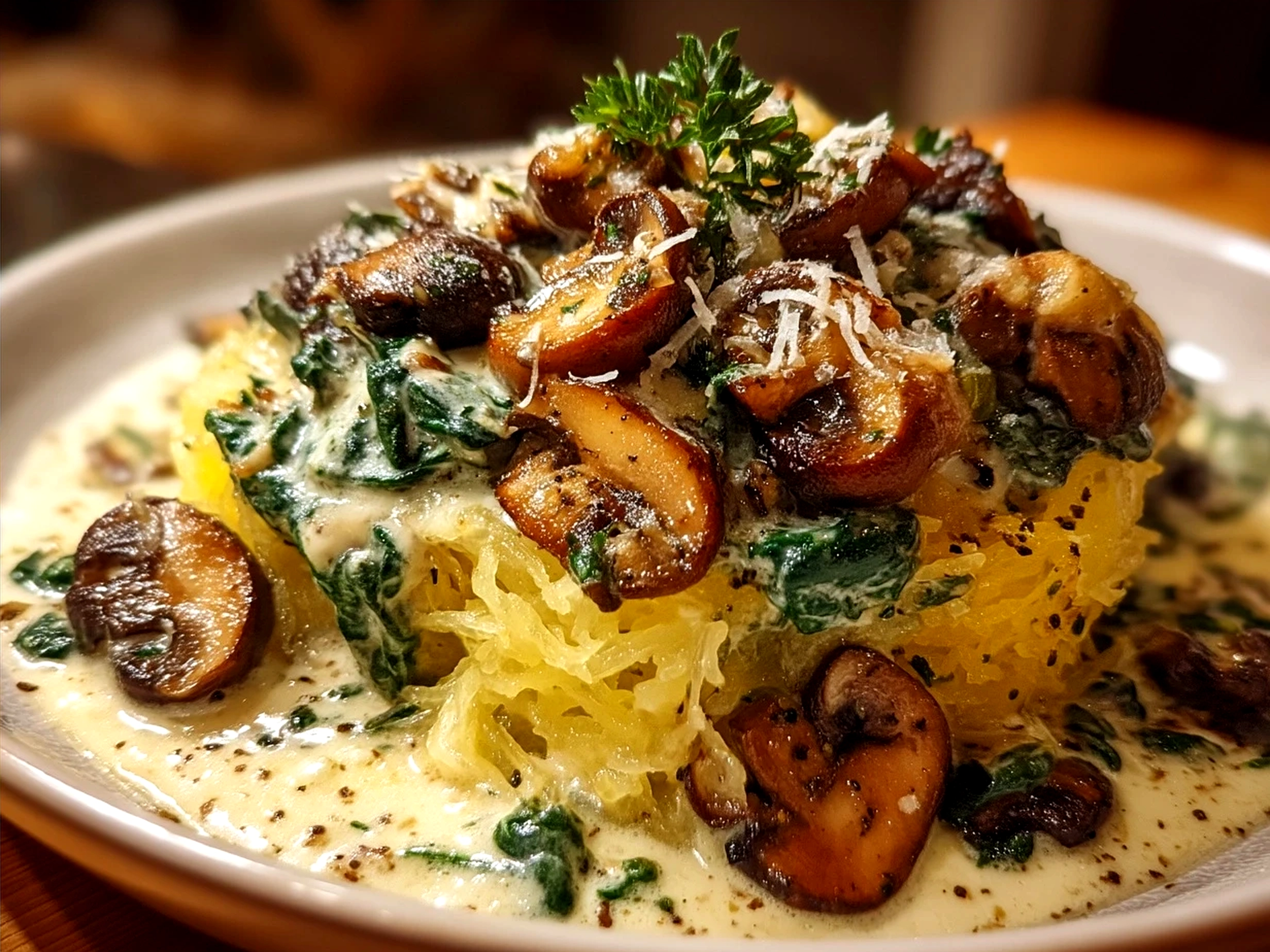 Serving Spaghetti Squash with Mushroom and Spinach Cream Sauce