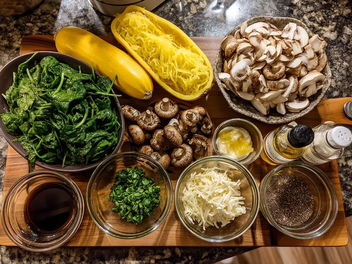 Ingredients for Spaghetti Squash with Mushroom and Spinach Cream Sauce