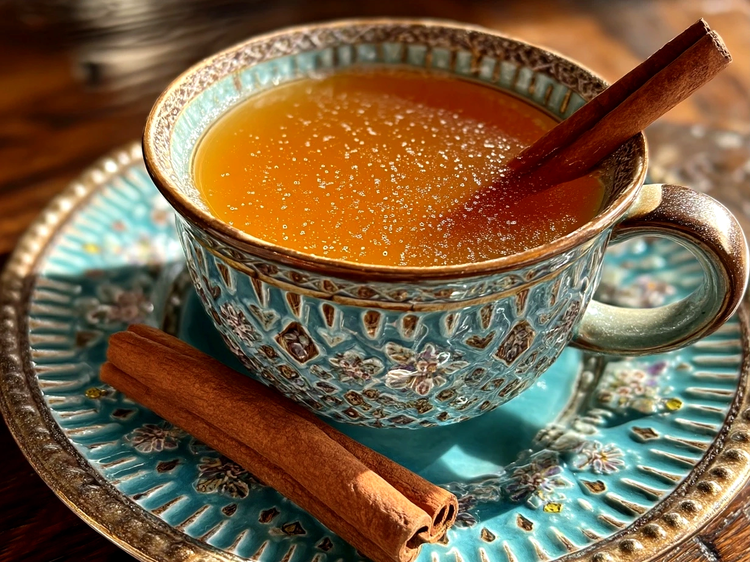 Spiced Hot Apple Cider served in a clear glass mug garnished with cinnamon stick and orange slice