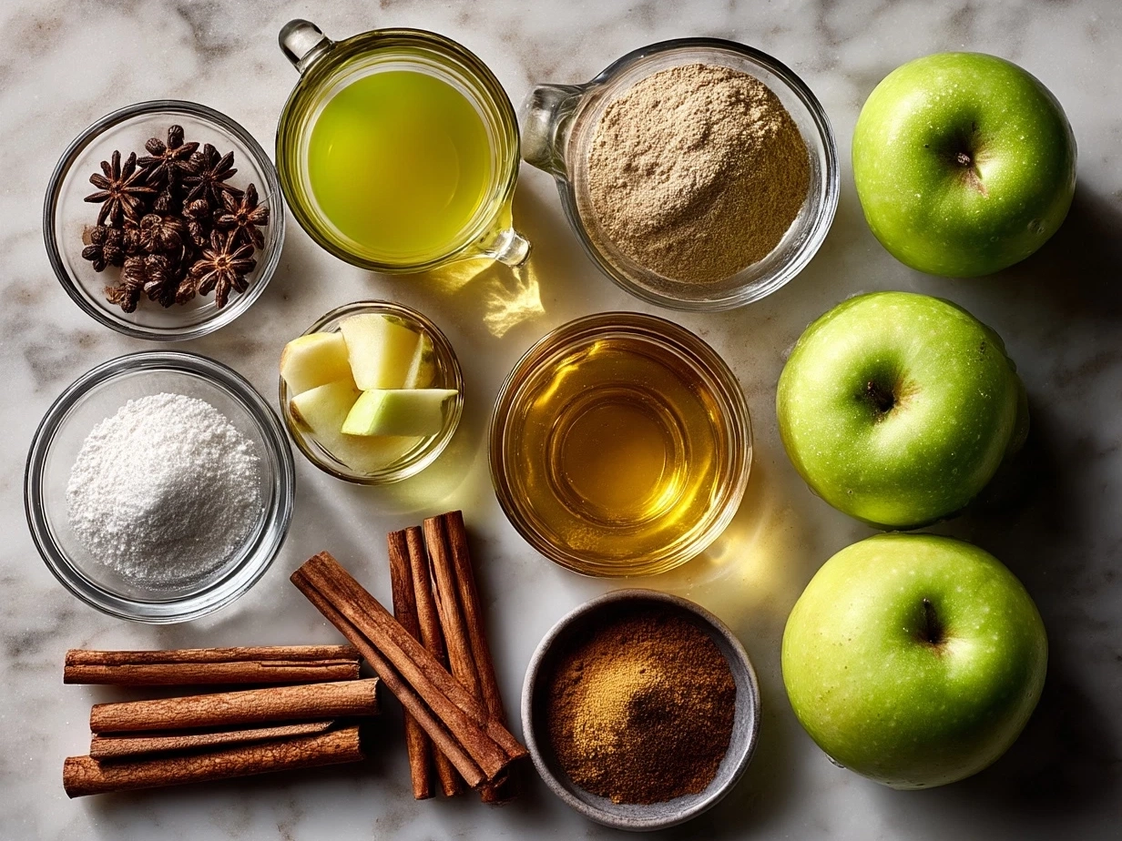 Ingredients laid out for Spiced Hot Apple Cider including cinnamon sticks, star anise, cloves, orange slices, ginger, and apple cider