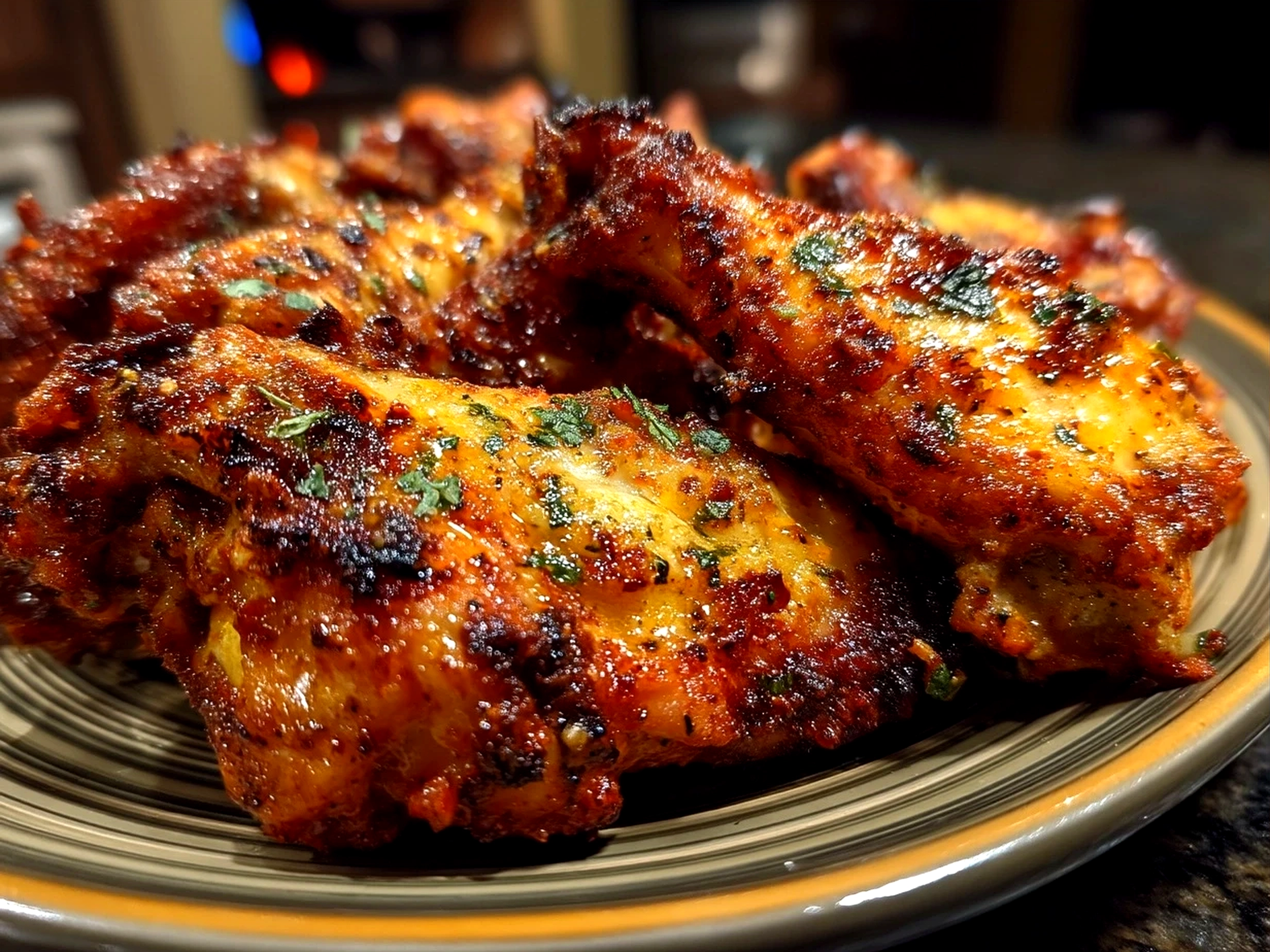 Serving of Spicy Dry Rub Wings on a rustic plate with celery sticks and dip